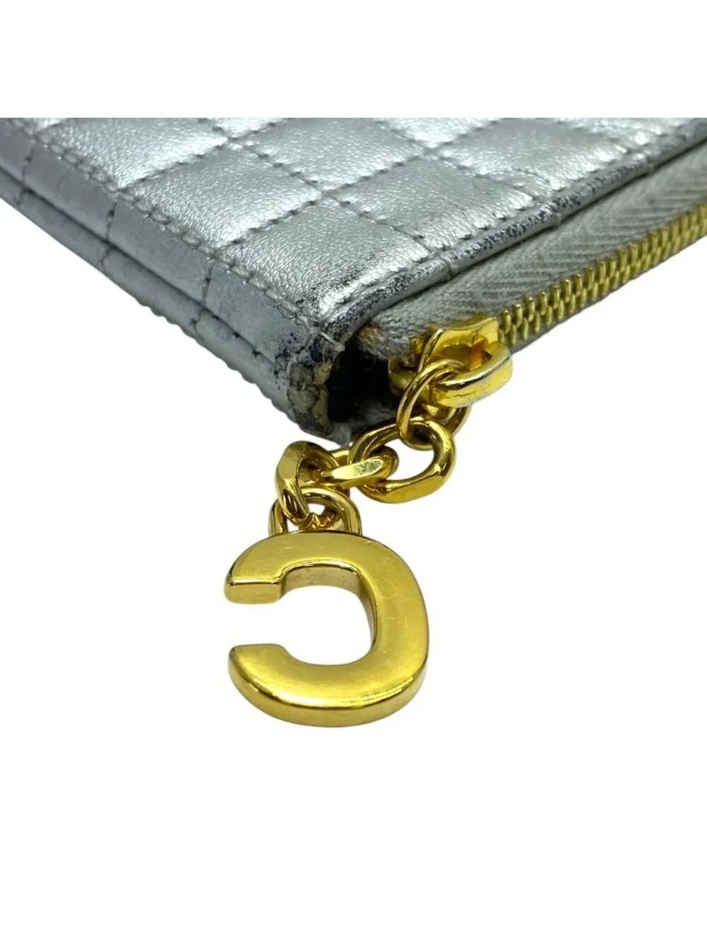 Celine C Charm Clutch Pouch Quilted Leather Silver Lightweight Capacity